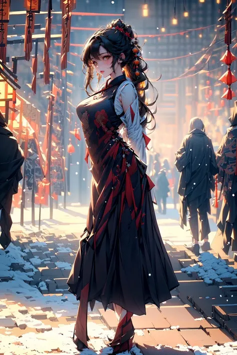 (an extremely delicate and beautiful),((masterpiece)),(((best quality))),((ultra-detailed)),((illustration)),((solo)),((((a girl)))),(beautiful detailed girl),(((cheongsam))),((((((arms_behind_back)))))),red eyes,((((beautiful detailed eyes)))),white hair,spring festival,(((chinese new year))),(((snow))),((lunar new year)),firecracker,Temple Fair,((busy street)),(detailed fireworks),finely detail,(firecracker),((the best building)),(((best shadow))),many people,(Flying snowflakes),<lora:3_å
¨èº«å§¿å¿model_full_body_v1:0.6>,<lora:ç»èå¢å¼ºDetail Tweaker LoRA:0.8>,full body,, masterpiece,best quality,highly detailed,Amazing,finely detail,extremely detailed CG unity 8k wallpaper,score:>=60,, beautiful detailed eyes,Fine hair texture,, Cinematic Lighting,rim light,available light,light leaks,depth_of_field,blurry,, 1girl,solo,mature_female,adult,fair_skin,slender,glamor,curvy,oval face,black hair,long hair,makeup,brown eyes,slender_waist,