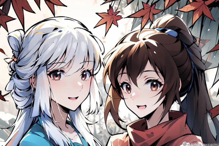 masterpiece,best quality,PIXIV,Chinese style,
fenglingyuxiu, brown hair, ponytail, long hair, 2girls, multiple girls, brown eyes, blue eyes, white hair, leaf, open mouth, looking at viewer, twitter username, autumn leaves, smile, sidelocks
<lora:fenglingyuxiu-000014:1>