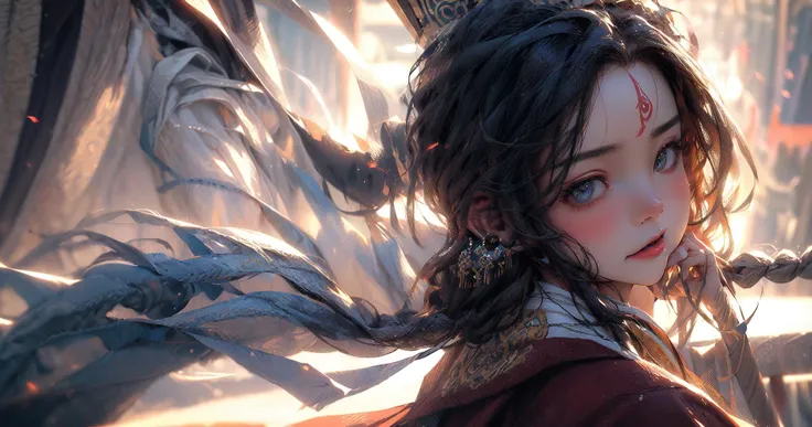 (masterpiece, best quality),(absurdres:1.3),(photorealistic:1.4),RAW photo of beautiful girl,(ultra detailed, ultra realistic, hyper realistic, 8K, ultra highres:1.2),(dynamic pose:1.2),(full_body:1.2),cinematic,bokeh,sharp focus,depth of field,
(a tibetan girl:1.2),long hair,(tibetan headwear:1.2),(bandana:1.1),high detailed face,detailed face texture,(wearing tibetan ethnic costumes:1.2),slim,buddhist ritual implements,glowing,portrait,looking_at_viewer,
<lora:ç»èè°æ´more_details:0.8>,
