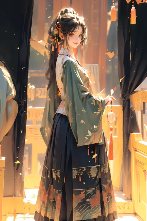 best quality, 1girl,(white/blue/red/black/green/pink/yellow chinese shirt),(white/blue/red/black/green/pink/yellow chinese long skirt), long hair, black hair, upper body, cowboy shot, looking at viewer,standing, dancing, (smile:0.5),outdoors, chinese style countryard, <lyco:hanfu_ming:0.8>
