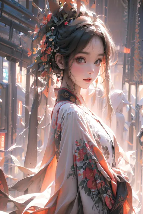 (1 girl:1.5 ), perfect_hand, (8k, RAW photo, best quality, masterpiece:1.2), (realistic, photo-realistic:1.4), (extremely detailed CG unity 8k wallpaper),(upper body), machop, ,hanfu,highlight,sunlight ,light and shadow , Many light sources in the , ltra wide angle, (epic background), beautifully detailed background, depth of field, HDR, ambient light,(epic chinese clothes),bright,chinese building,(looking at viewer), best lighting,(hanfu:0.8), <lora:SBGF:0.8> ,(neon lights:1.2), red