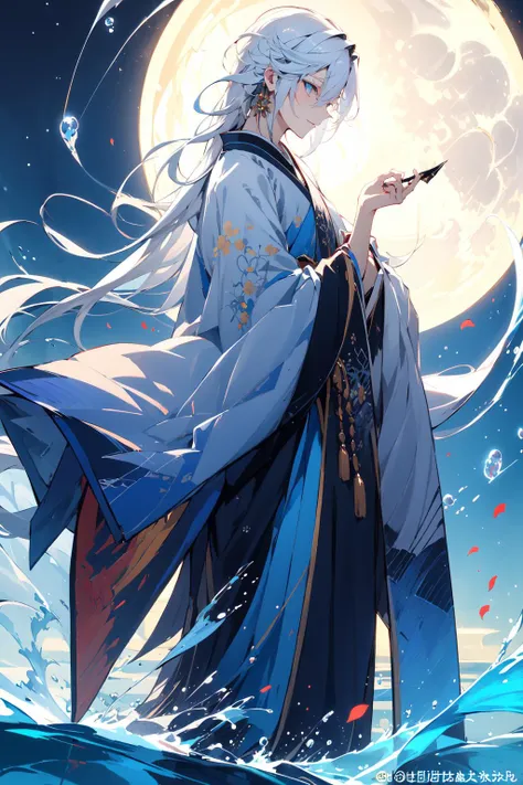 -Chinese style, 1boy, long hair, solo, male focus, white hair, moon, profile, long sleeves, from side, bangs, jewelry, full moon, wide sleeves, tassel, japanese clothes, earrings, night, chinese clothes, standing, petals, closed mouth, hanfu, blue eyes, floating hair, parted bangs, water