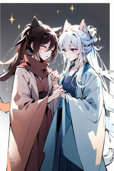 masterpiece,best quality,PIXIV,Chinese style,
fenglingyuxiu,animal ears,tail,2girls,multiple girls,blue eyes,one eye closed,long hair,brown hair,cat ears,white hair,brown eyes,cat tail,sparkle,ponytail,long sleeves,sleeves past wrists,white background,blush,wide sleeves,closed mouth,bangs,simple background,flying sweatdrops,chinese text,scarf,Chinese cloth,hair between eyes,cat girl,
<lora:fenglingyuxiu-000014:0.8>,