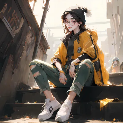 masterpiece, best quality, beautiful, killjoy, green beanie, round glasses, yellow jacket, grey shirt, belt, black pants, torn pants, sneakers, sitting, city, street, stairs, looking at viewer, smile, from below <lora:killjoy-nvwls-v1:1> <lora:add_detail:1>