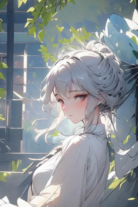 1girl, grey hair, no bangs, ball head, hold 1transparent umbrella,  turn around, fade away, greenery, <lora:chinese-art:0.15>, 4k, cinematic lighting, close shot, tulle white gloves, greenery, greenery, lower her head, medium distribution type, hair parting, halve