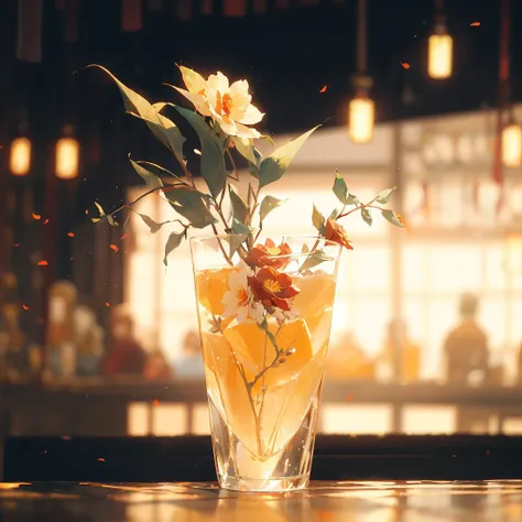 flower, no humans, red flower, still life, blurry, cup, glass, drinking glass, depth of field, drink, blurry background