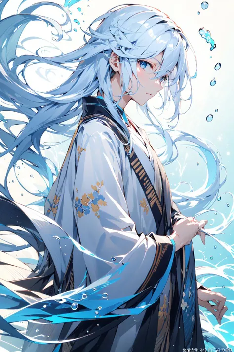 -Chinese style, solo, long hair, blue eyes, 1boy, looking at viewer, male focus, bangs, white hair, closed mouth, hair between eyes, long sleeves, water, from side, upper body, floating hair, japanese clothes, very long hair, profile, sideways glance, water drop, kimono, sidelocks, hanfu, looking to the side