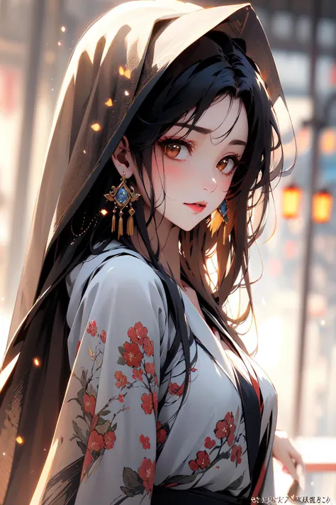 (masterpiece:1.2),best quality,Chinese style,
1girl,solo,looking at viewer,veil,black hair,blurry,long hair,blurry background,brown eyes,hood,cowboy shot,jewelry,artist name,bangs,lips,closed mouth,watermark,facial mark,depth of field,earrings,light particles,eyelashes,hood up,