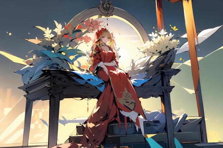 -1girl, blonde hair, long hair, solo, dress, green eyes, red dress, veil, sitting, looking at viewer, vase, chinese clothes, smile, breasts, long sleeves, bangs,Chinese weddingdress,<lora:Chinese weddingdress-000018:0.8>