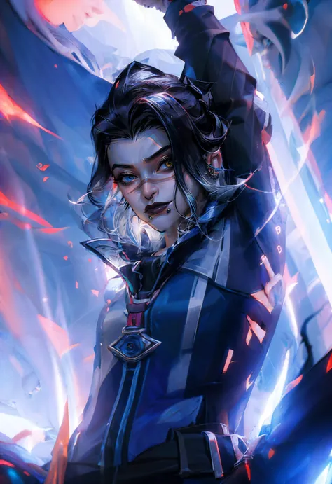 (masterpieace, best quality:1.4), beautiful face, beautiful eyes, heterochromia, blue left eye, yellow right eye, Fade Valorant, 1girl, blue jacket, solo, multicolored hair, piercing, jewelry, black hair, white hair, tattoo, earrings, nose piercing, long hair, two-tone hair, lip piercing, looking at viewer, lips, gradient hair, makeup, ear piercing, slim waist, sitting, city, night lights, alone, stars, from below <lora:Fade:1>, <lora:add_detail:1>