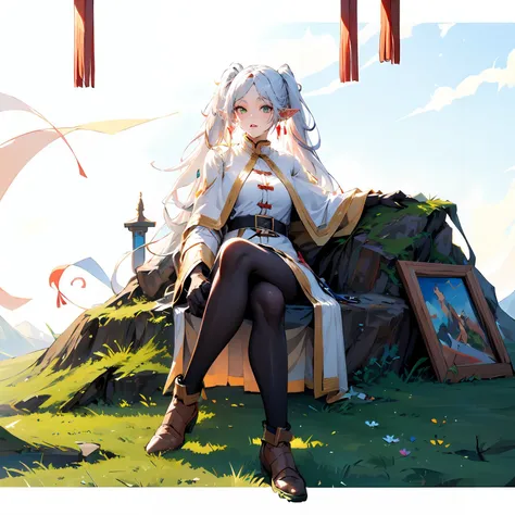 (beautiful_face),frieren,<lora:frieren:0.9>,(beautiful_face),clear face,finely_detailed,fine_fabric_emphasis,(high detailed skin),(ultra-detailed:1.1),masterpiece,best quality,8k,1girl,long hair,pointy ears,twintails,jewelry,elf,earrings,green eyes,capelet,white capelet,long sleeves,parted bangs,china dress,belt,flower,gloves,breasts,brown boots,black thermal tights,chinese clothes,(white_background:1.3),crossed_legs,full_shot,panorama,looking_at_viewer,(simple_background:1.3),<lora:GoodHands-vanilla:1>,nice hands,arm_at_side,in chinese palace,