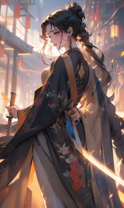 masterpiece,best quality,high resolution,1girl,sword,glowing,lantern,fighting,