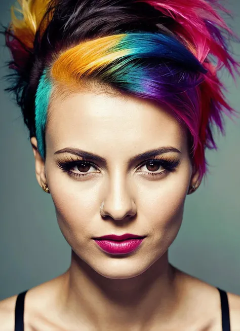 portrait of sks woman by Flora Borsi, style by Flora Borsi, bold, bright colours, rainbow Mohawk haircut, ((Flora Borsi)), <lora:locon_victoriajustice_v1_from_v1_64_32:1>