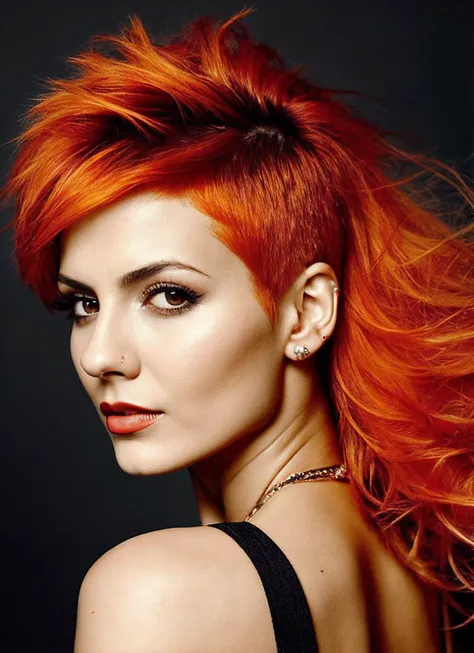 portrait of sks woman by Flora Borsi, style by Flora Borsi, bold, bright colours, orange Mohawk haircut, ((Flora Borsi)), <lora:locon_victoriajustice_v1_from_v1_64_32:1>