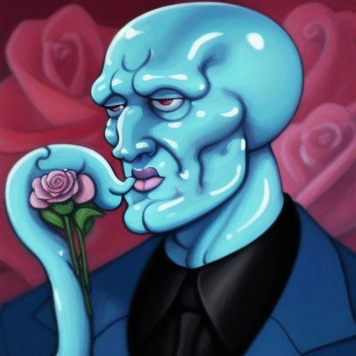 oil painting, masterpiece, <lora:handsome-squidward:1> Handsome-squidward, Handsome squidward, blue skin, blue, pink lips ,oil painting,portrait <lora:fluffyrock-quality-tags-v2.0-vpred:0.7>,best quality, high quality,black suit,holding Rose Bouquet