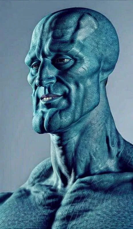 fistnorthstar, handsome-squidward, blue skin, pink lips, brown clothes, (extremely detailed), <lora:FistNorthStar:0.85> <lora:handsome-squidward:0.8>