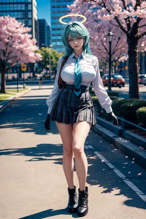 (ultra realistic,32k, masterpiece:1.2),(high detailed skin:1.1),( high quality:1.1),
<lora:yume_ba:0.8>yume ba, long mint hair, halo,ahoge, shirt, blue necktie, solo, halo, plaid skirt, shirt tucked in, black gloves, collared shirt,  gloves, skirt, black skirt, pleated skirt, 1girl, necktie, white shirt, ahoge, long sleeves, city park, sunshine, cherry blossoms, blurry background,,fighting pose, (huge breast,large breast:1.2),<lora:add_detail:0.94>,full body, 
(soft shaded neon light:1.1),
