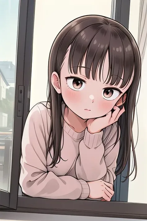masterpiece,ultra detail,best quality,girl,blush,living room,indoor,(from outside window),leaning forward,njght,petite,yuzuki_kaede, brown eyes, brown hair, long hair, sweater, <lora:yuzuki_kaede_lora_ver1:0.7> <lora:from_outside_window:1>