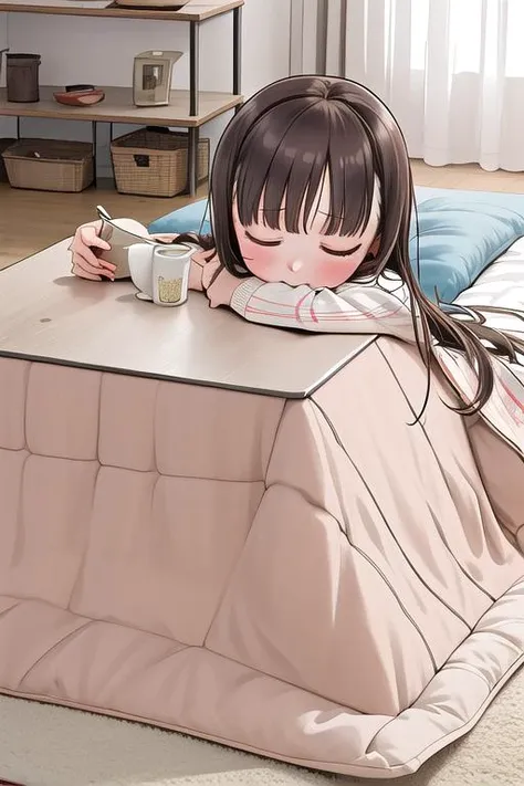 masterpiece,ultra detail,best quality,girl,blush,living room,indoor,sleeping,lying kotatsu,njght,petite,yuzuki_kaede, brown eyes, brown hair, long hair, sweater, <lora:yuzuki_kaede_lora_ver1:0.7>,(kotatsu), <lora:JAPAN_Scenery_kotatsu_SD15_V3:1>