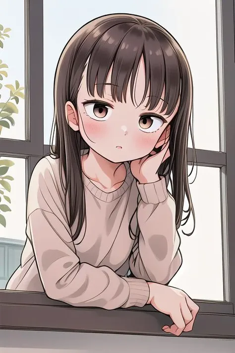 masterpiece,ultra detail,best quality,girl,blush,children's room,indoor,2nd floor,upper body(from outside window),leaning forward,njght,petite,yuzuki_kaede, brown eyes, brown hair, long hair, sweater, <lora:yuzuki_kaede_lora_ver1:0.7> <lora:from_outside_window:1>