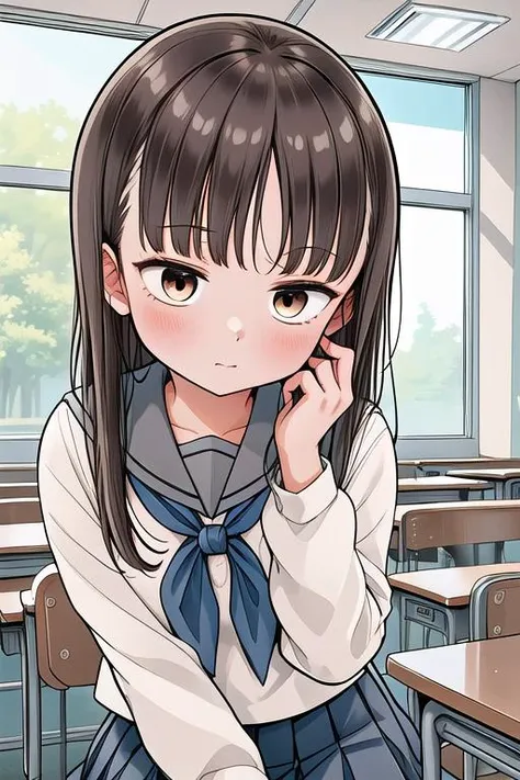 masterpiece,ultra detail,best quality,girl,blush,classroom,indoor,desk,chair,petite,yuzuki_kaede, brown eyes, brown hair, long hair, serafuku, <lora:yuzuki_kaede_lora_ver1:0.7>