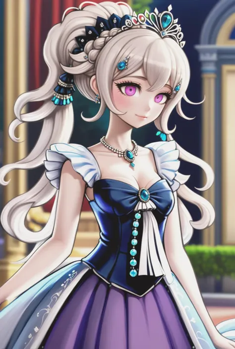 1girl, regal posture, grand gown, vibrant colors, elegant details, intricate patterns, exquisite jewelry, flawless makeup, lustrous locks, immaculate skin, enchanting smile, graceful neck, delicate features, crystal tiara, sparkling accessories, danganronpa style, thick lines, full-body portrait, looking over her shoulder, detailed eyes, <lora:danganronpa_style:0.8>