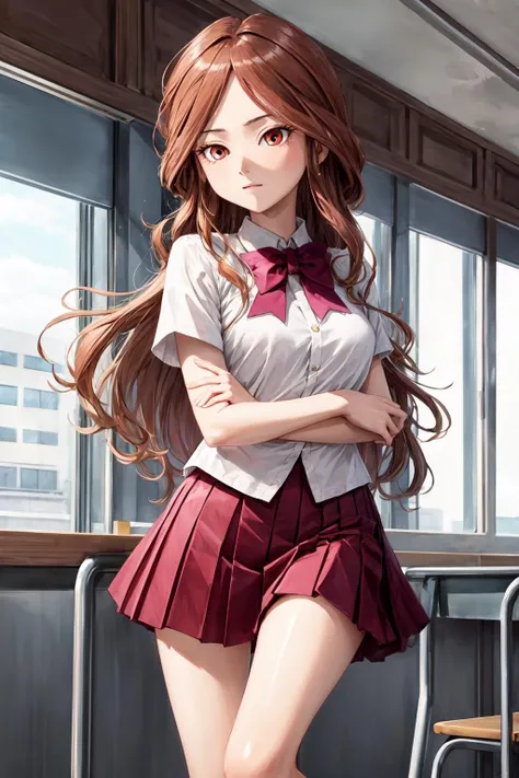 ((best quality, high quality, masterpiece, highres)), natsumi raimon, 1girl, solo, school uniform, bowtie, skirt, bow, school, <lora:natsumi_raimon:1>