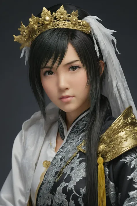 yuffie,<lora:yuffie_sdxl_V1-000010:0.5>,<lora:ALTXL_001_4:1.5>,((((melt)))),(((((black and white melt))))),(((wear Black and white Taoist robes))),((((gold and silver lace)))),(((gold and silver lace lace))),(((flowing ((black)) and white background))),extremely detailed gorgeous tiara,