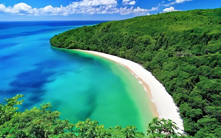 Landscape Photography, white beach, blue sky, blue sea, white clouds, green trees, best quality, high quality, masterpiece, 8K UHD, highly detailed, ultra detailed