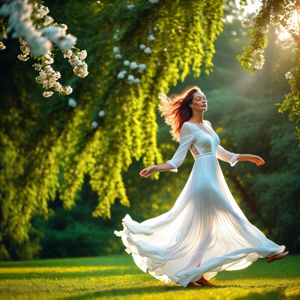 Detailed nature scene, flowers blooming natural geographic park photo, Dancing twirling in rumba, Blooming flowerbeds, medieval forest, Beautiful photo model summer park nature photoshoot, wearing beautiful sheer white dress flowing in wind, Vogue model, STYLE: RAW photo realism photography MILF ZEISS SONY high resolution 8K