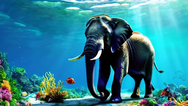 An elephant under the sea, best quality, high quality, masterpiece, 8K UHD, highly detailed, ultra detailed