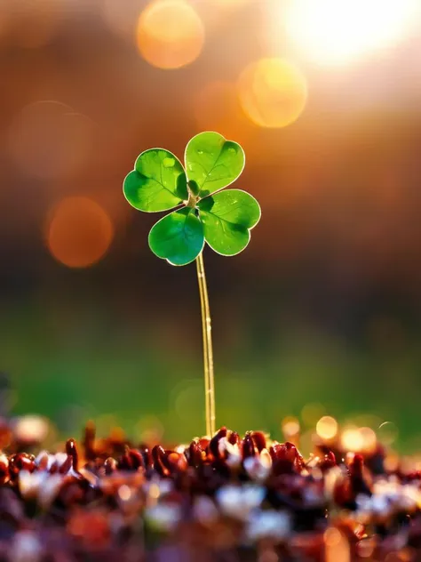 masterpiece,professional macro photography, small sprouting  Clover  plant  (symbol of hope, love and faith) in the war zone field,chaotic background, fire,war,  soft bounced lighting, amazing depth of field, shot from a low angle, shot on Lumix GH5 (cinematic bokeh, dynamic range, vibrant colors)