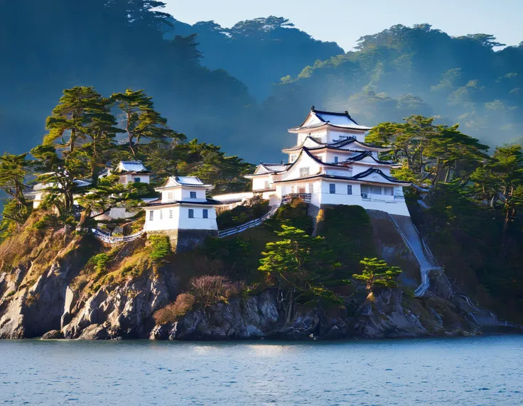 Landscape Photography, a stunning japanese castle in spring, sea, backlighting, masterpiece, 8K UHD