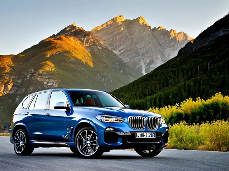 Auto Photography, a bmw x5 driving on the mountain road at sunset, mountains in the background, best quality, high quality, masterpiece, 8K UHD, highly detailed, ultra detailed