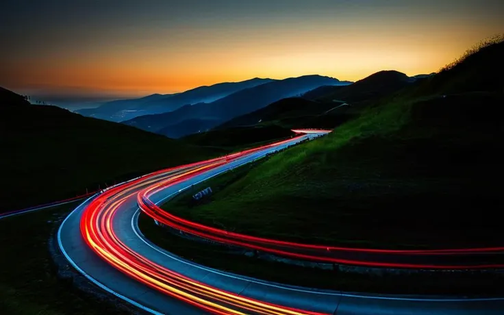 Landscape Photography, a car driving on a winding road at dusk best quality, high quality, masterpiece, 8K UHD, highly detailed, ultra detailed