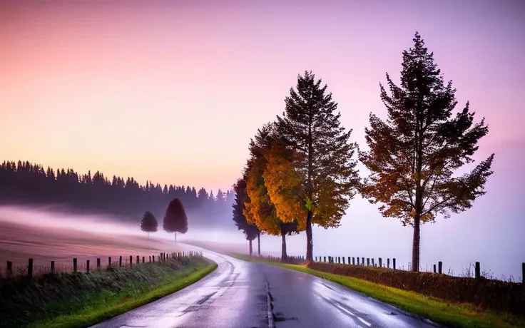 Landscape Photography, a road with trees and fog in the background best quality, high quality, masterpiece, 8K UHD, highly detailed, ultra detailed