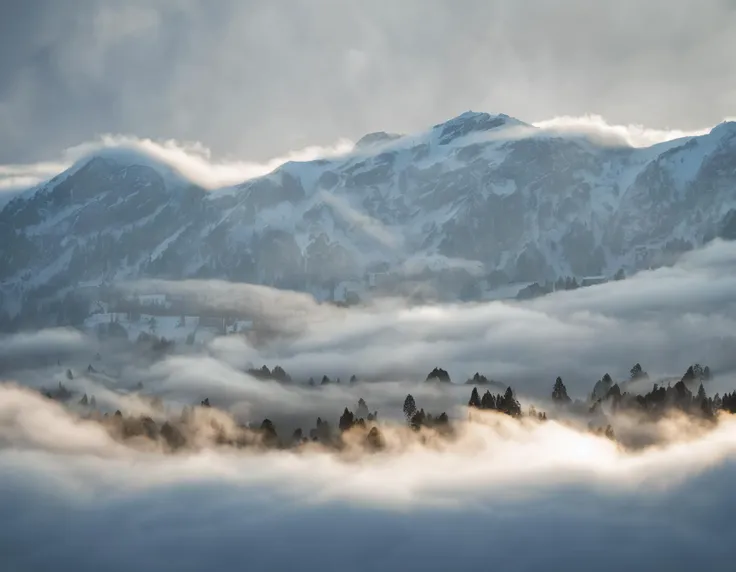 Landscape Photography, clouds are hanging in the austrian alps in winter, ultra detailed, haze lighting, masterpiece, 8K UHD