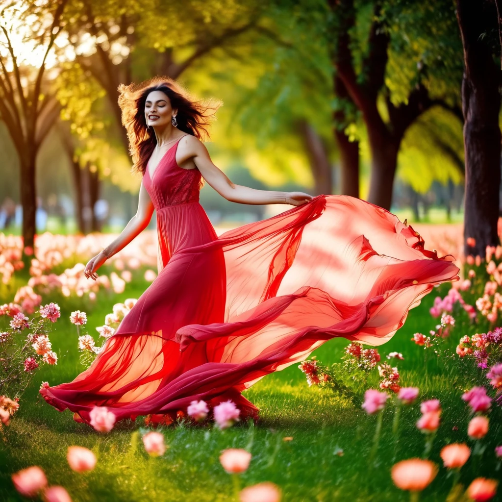 Detailed nature scene, flowers blooming natural geographic park photo, Dancing twirling in rumba, Blooming flowerbeds in park, Beautiful photo model summer park nature photoshoot, wearing beautiful designer dress flowing in wind, Vogue model, STYLE: RAW photo realism photography MILF ZEISS SONY high resolution 8K