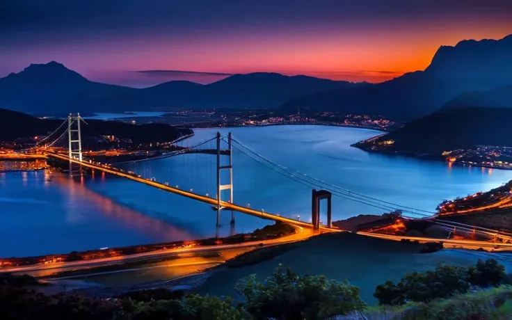 Landscape Photography, a bridge over a body of water at night best quality, high quality, masterpiece, 8K UHD, highly detailed, ultra detailed