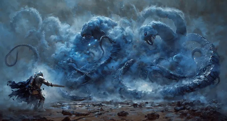 space photography, Space Marine in shiny Blue Armor space suit fighting a giant fantasy snake, surface of mars in the background, highly detailed, dust blowing in the wind, epic scene, (dense smoke by Kim Keever), dark, moody, dark fantasy in style of Frank Frazetta, Bosstyle, detailed armor, <lora:XL_boss_battle:1> <lora:add-detail-xl:1>