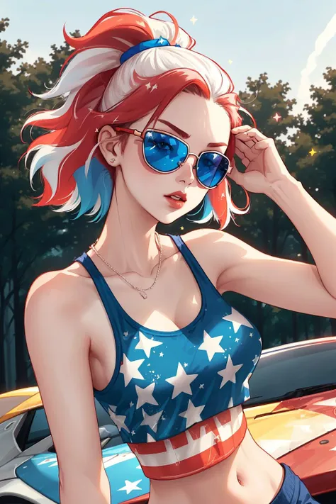 flag, <lora:Murica-v1:1>, cleavage, sports bra, detailed face, colorful clothing, park, sky, trees, from_above, crop top, detailed face, yellow bodycon tank top, hair, park, sky, trees, pale skin, moonlight, stars, 1girl, statement sunglasses, woman,petite, vivid colors, bokeh background, subject for emphasis,dramatic colors,