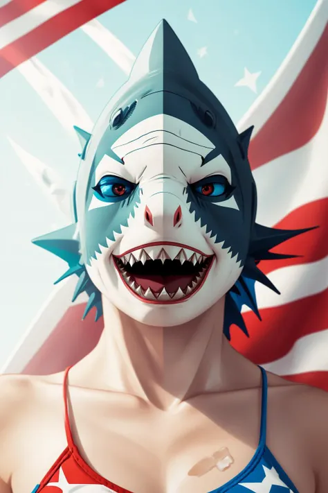 shark, flag, <lora:Murica-v1:1>, (sharp focus:1.2), Detailed eyes, (bright studio lighting:1.2), depth of field, bokeh, 4K, HD