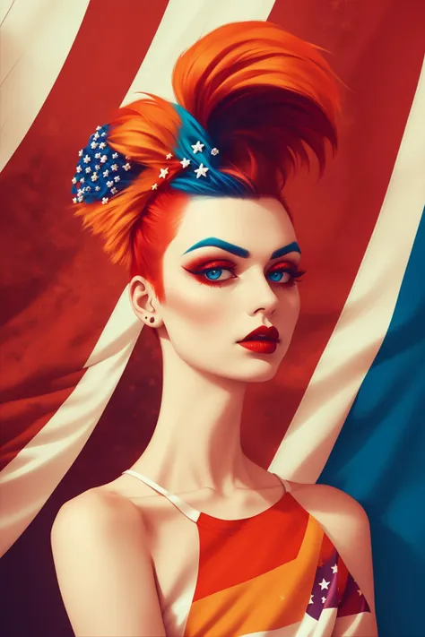 flag, <lora:Murica-v1:1>, portrait of woman by Flora Borsi, style by Flora Borsi, bold, bright colours, orange Mohawk haircut, ((Flora Borsi))