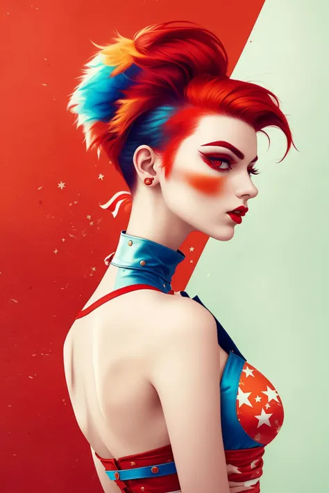 flag, <lora:Murica-v1:1>, portrait of woman by Flora Borsi, style by Flora Borsi, bold, bright colours, orange Mohawk haircut, ((Flora Borsi))