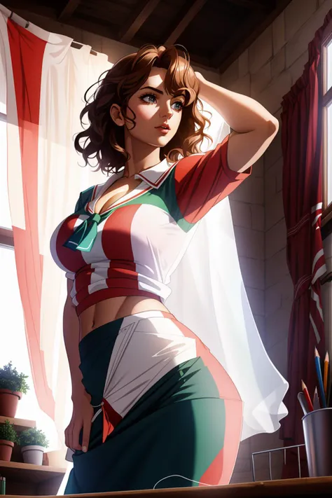 flag, <lora:ItalyFlag-V1:1>, vivid hair, pencil skirt, blouse, light rays, god rays, muscular, realistic, breasts