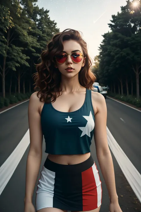 flag, <lora:ItalyFlag-V1:1>, from_above, crop top, detailed face, yellow bodycon tank top, hair, park, sky, trees, pale skin, moonlight, stars, 1girl, statement sunglasses, woman,petite, vivid colors, bokeh background, subject for emphasis,dramatic colors,