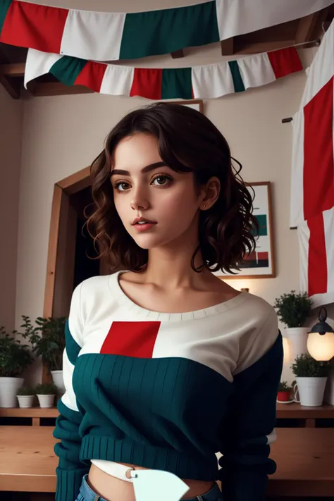 flag, <lora:ItalyFlag-V1:1>, cropped sweater, midriff, sweater, 1girl, detailed face, hanging laterns, illustrated