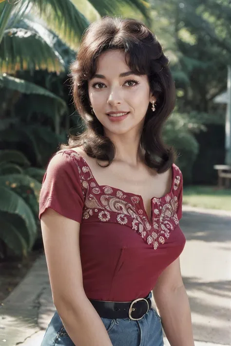 photorealistic photo of Ritmore, a middle aged woman, fine lines and wrinkles, wearing a red blouse, 1960s, 60s style, glamour, standing outdoors, outside, smiling, looking at the camera, realistic, (masterpiece:1.1), (best quality:1.1), beautiful, (intricate details), unity 8k wallpaper, ultra detailed, aesthetic, sun lighting, <lora:Ritmore_V1-000008:0.75>