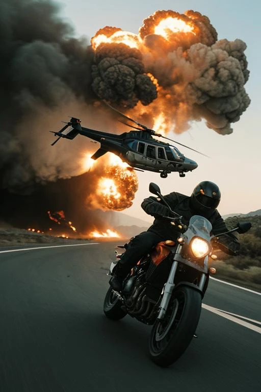 action movie star, explosion, chasing motorbike, helicopter flying above subject, film quality, soft lighting