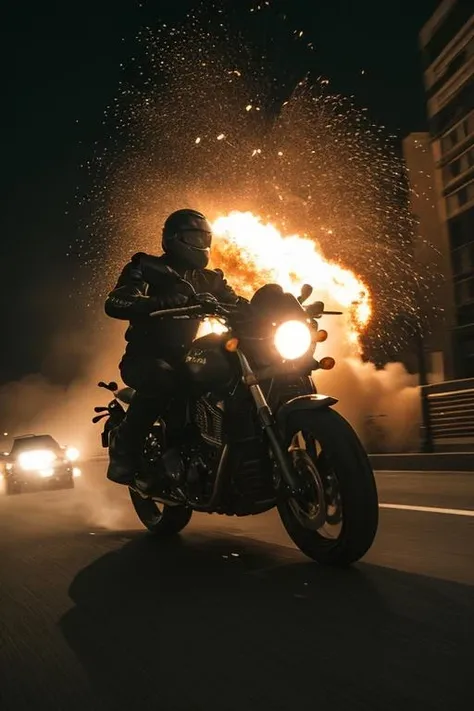 action movie star, explosion, chasing motorbike, helicopter flying above subject, film quality, soft lighting